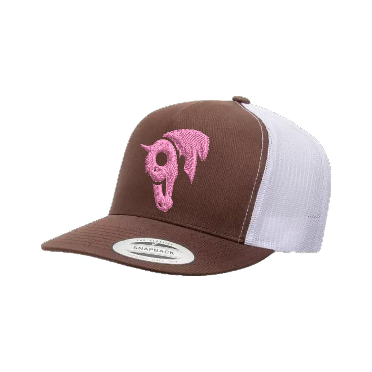 9T Horse Yupoong 6006 Hat / Brown/White / Pink / angle on white