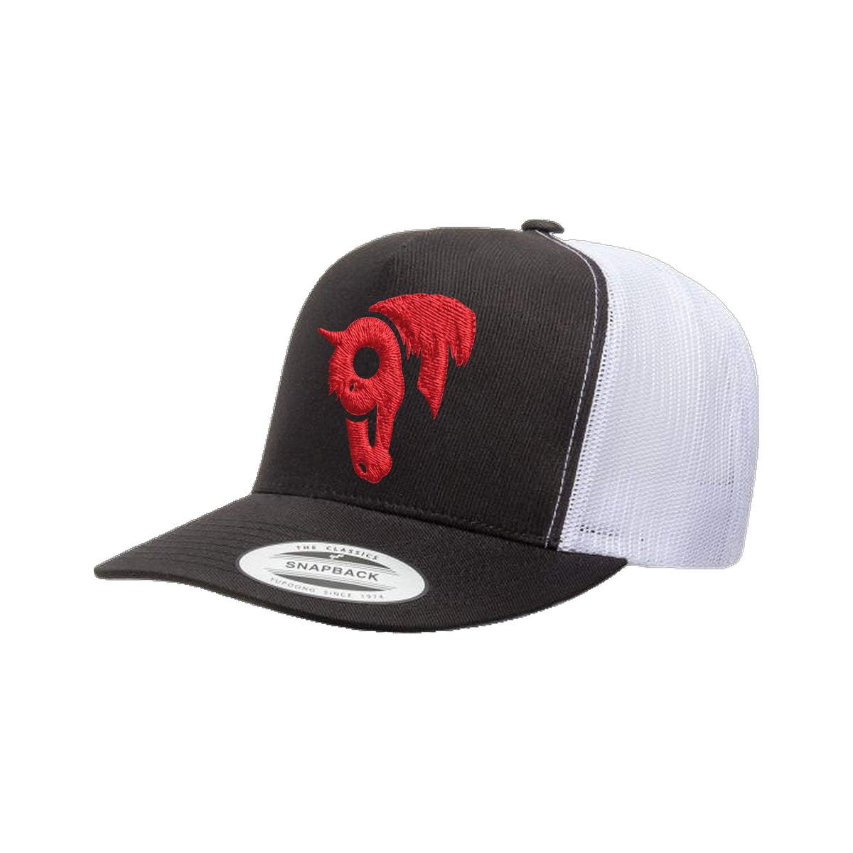 9T Horse Yupoong 6006 Hat / Black/White / Red / angle on white