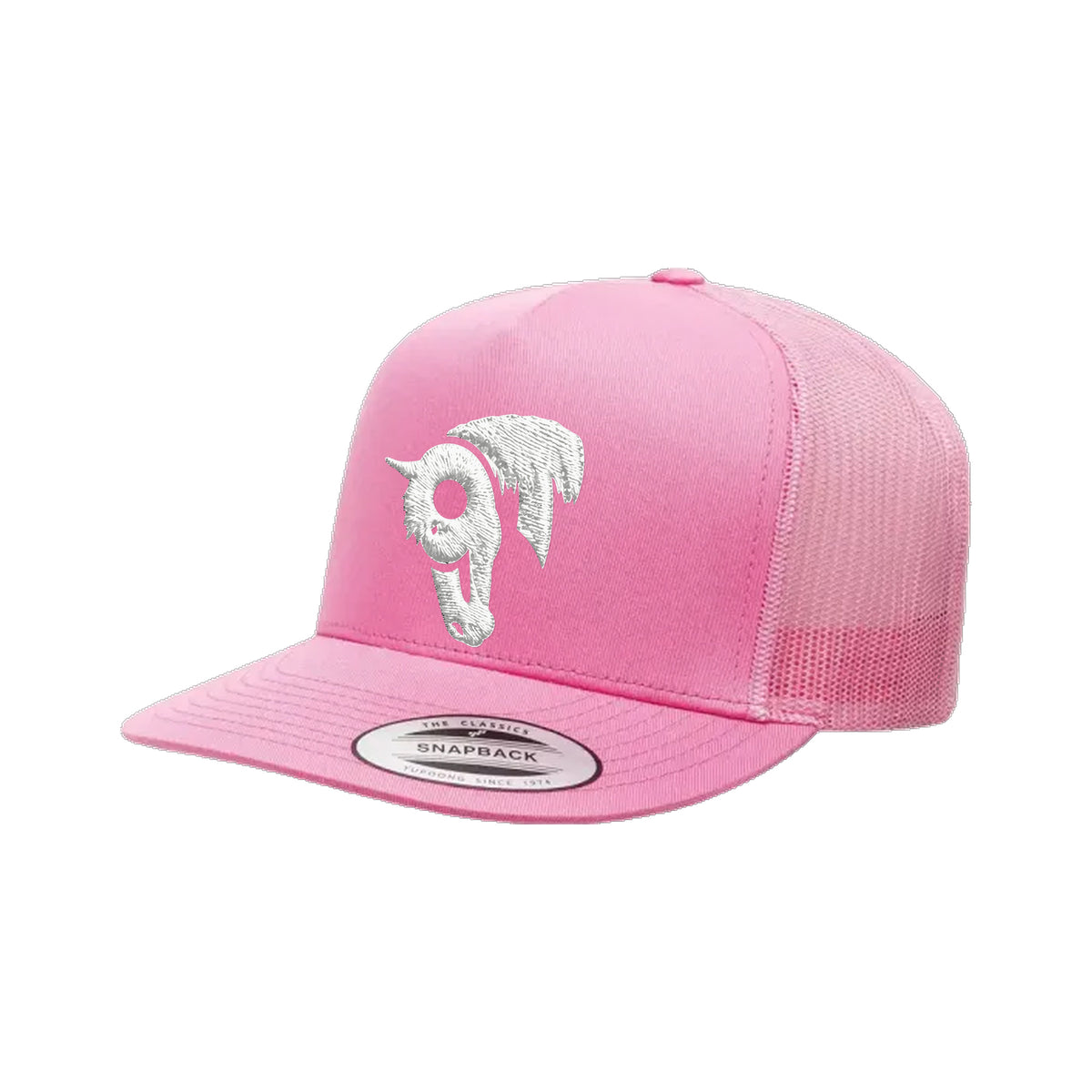 9T Horse Yupoong 6006 Hat / Pink / White / angle on white