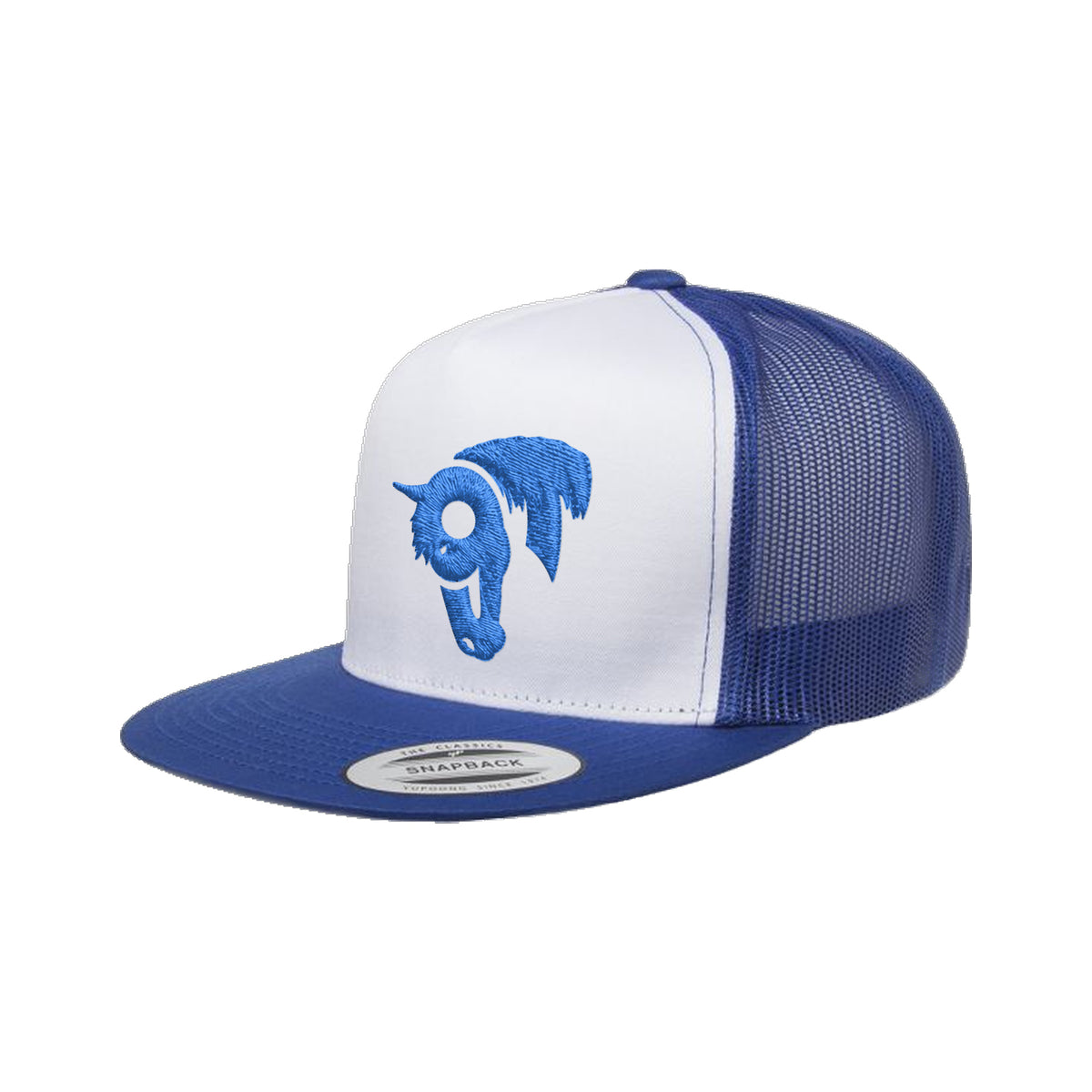 9T Horse Yupoong 6006 Hat / Royal/White/Royal / Blue / angle on white