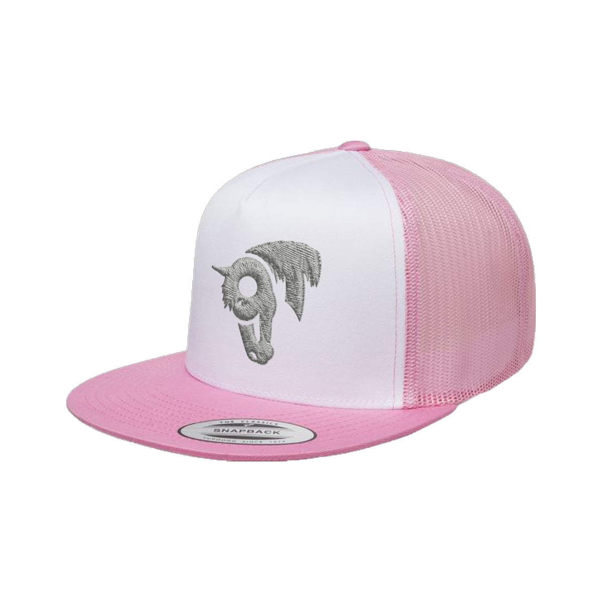 9T Horse Yupoong 6006 Hat / Pink/White/Pink / Grey / angle on white