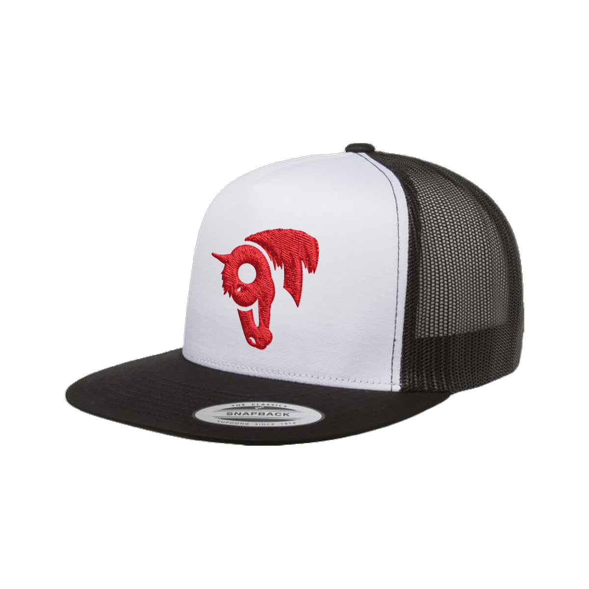9T Horse Yupoong 6006 Hat / Black/White/Black / Red / angle on white