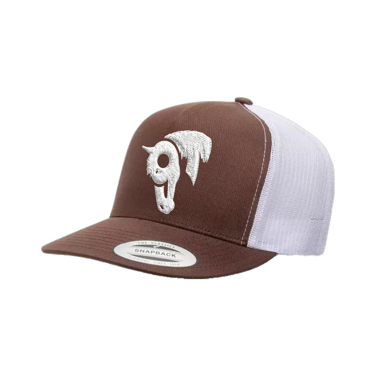 9T Horse Yupoong 6006 Hat / Brown/White / White / angle on white