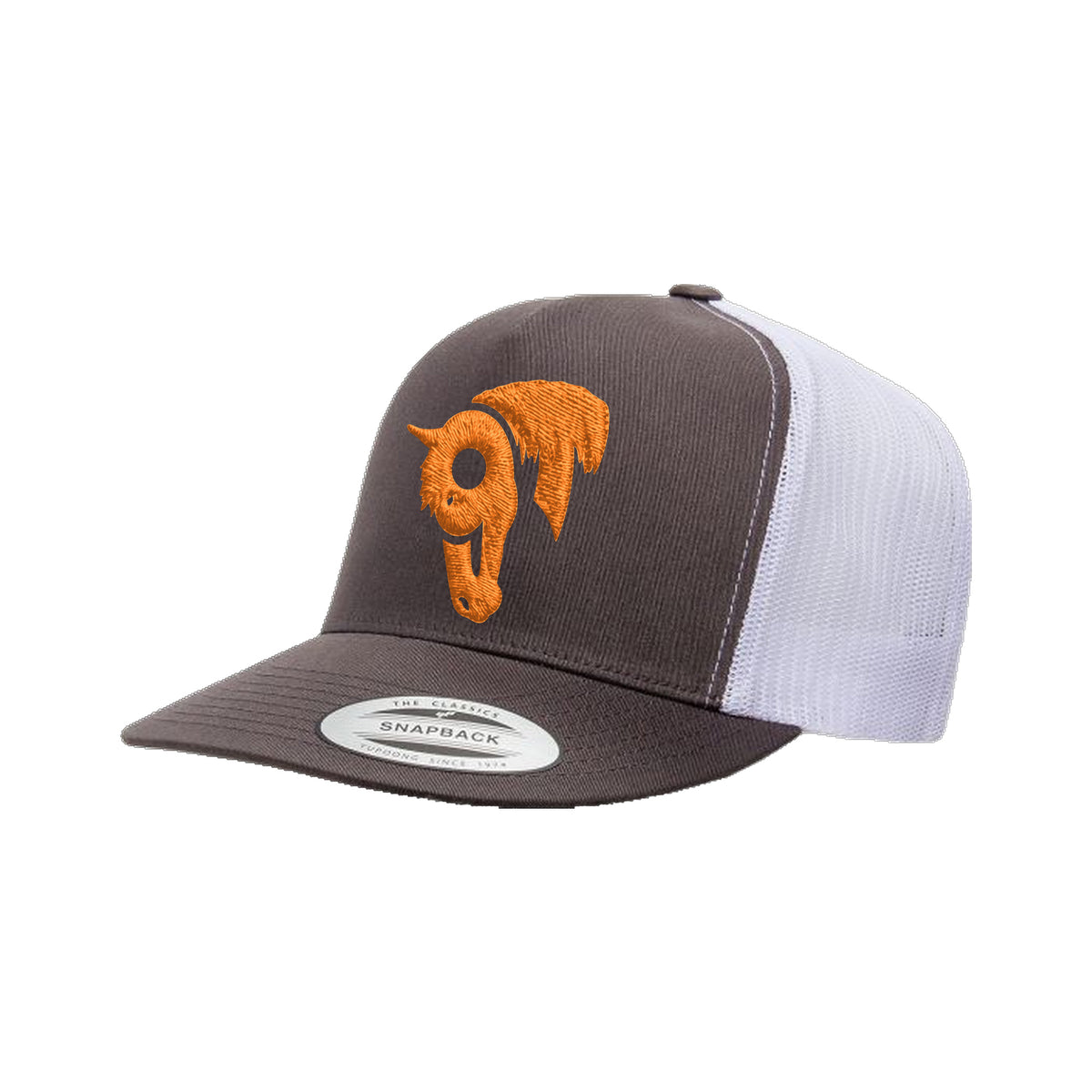 9T Horse Yupoong 6006 Hat / Charcoal/White / Orange / angle on white