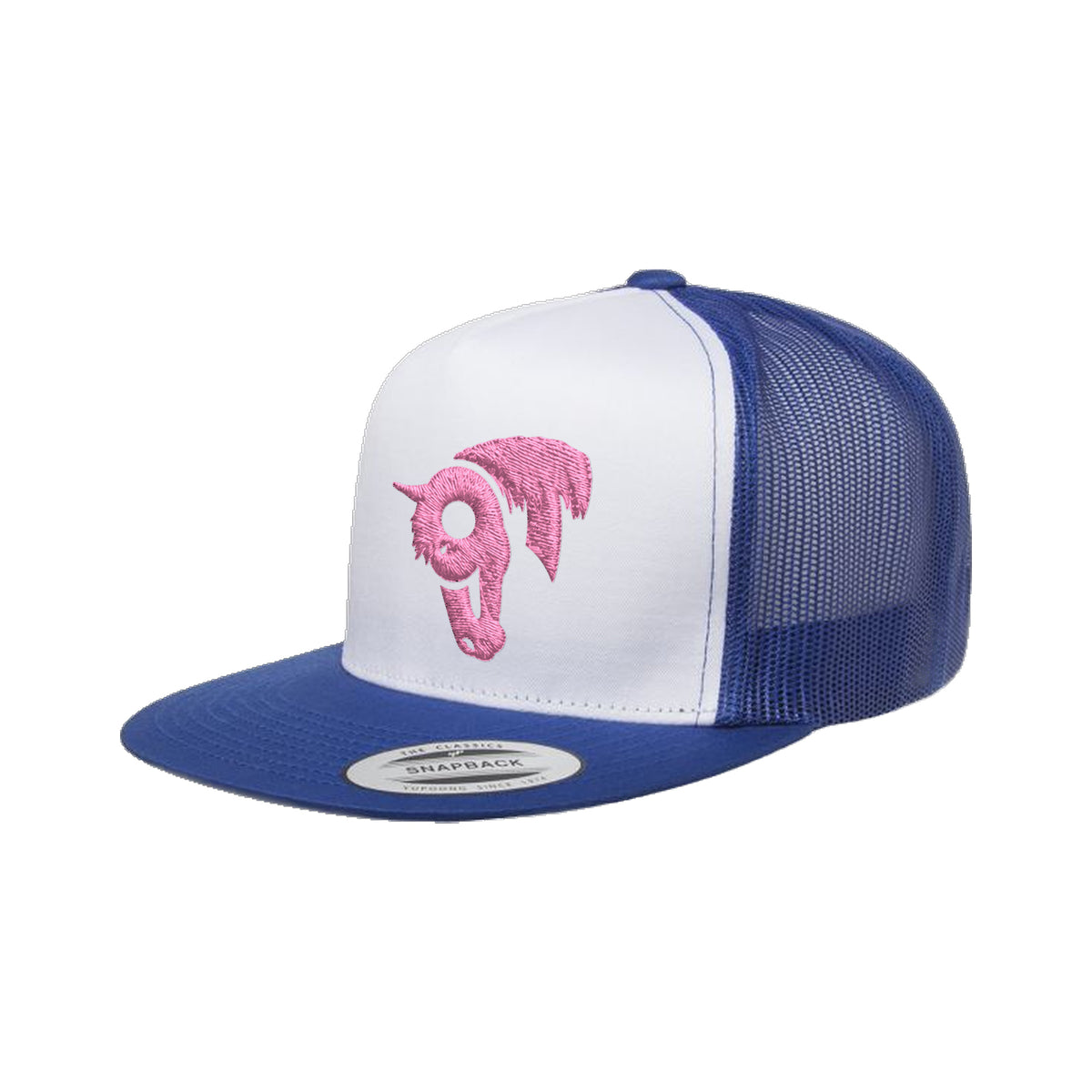 9T Horse Yupoong 6006 Hat / Royal/White/Royal / Pink / angle on white