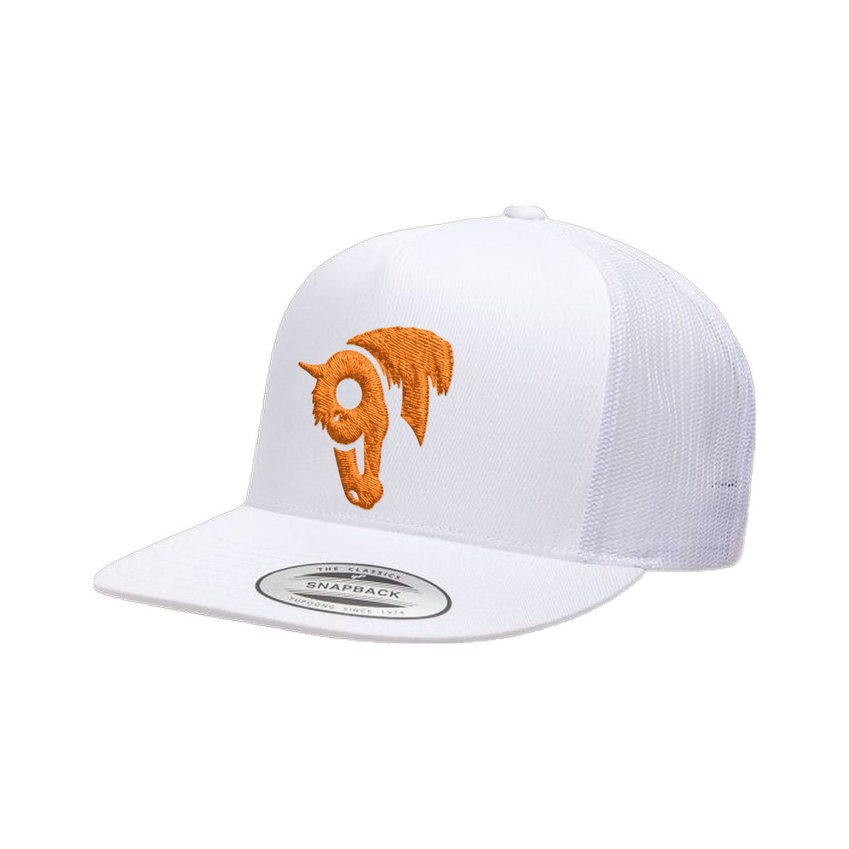 9T Horse Yupoong 6006 Hat / White / Orange / angle on white