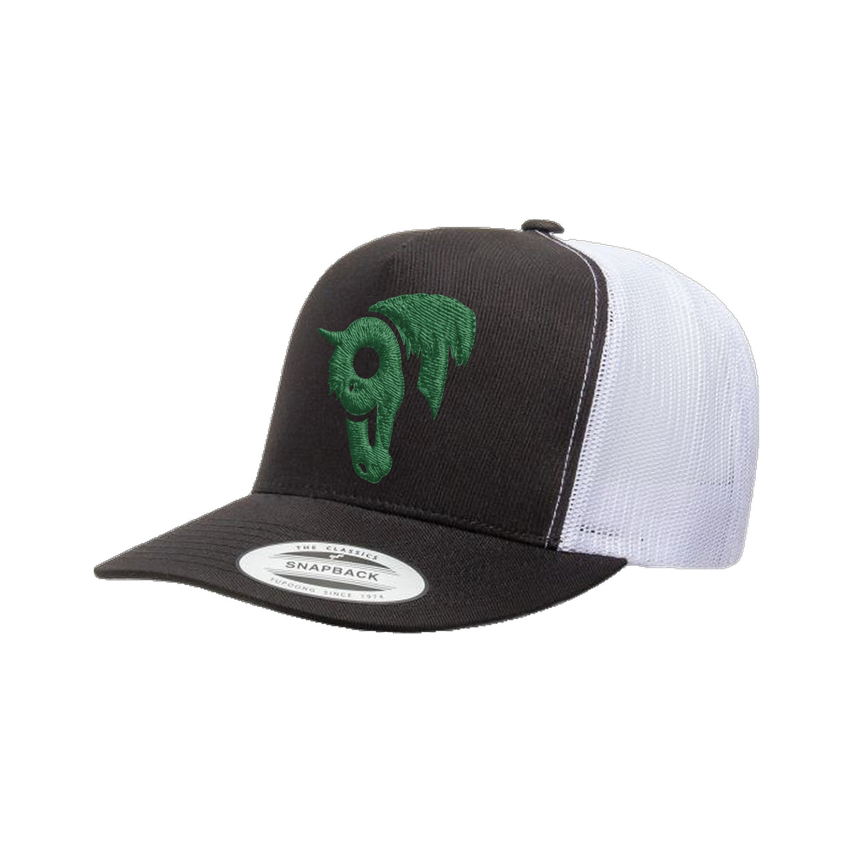 9T Horse Yupoong 6006 Hat / Black/White / Dark Green / angle on white