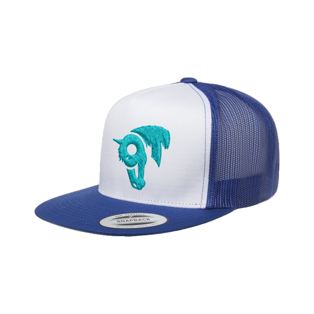 9T Horse Yupoong 6006 Hat / Royal/White/Royal / Teal / angle on white