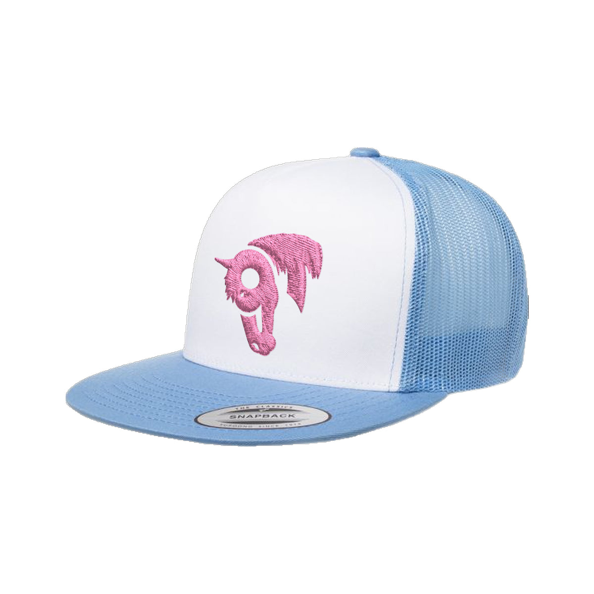 9T Horse Yupoong 6006 Hat / Carolina Blue/White/Carolina Blue / Pink / angle on white