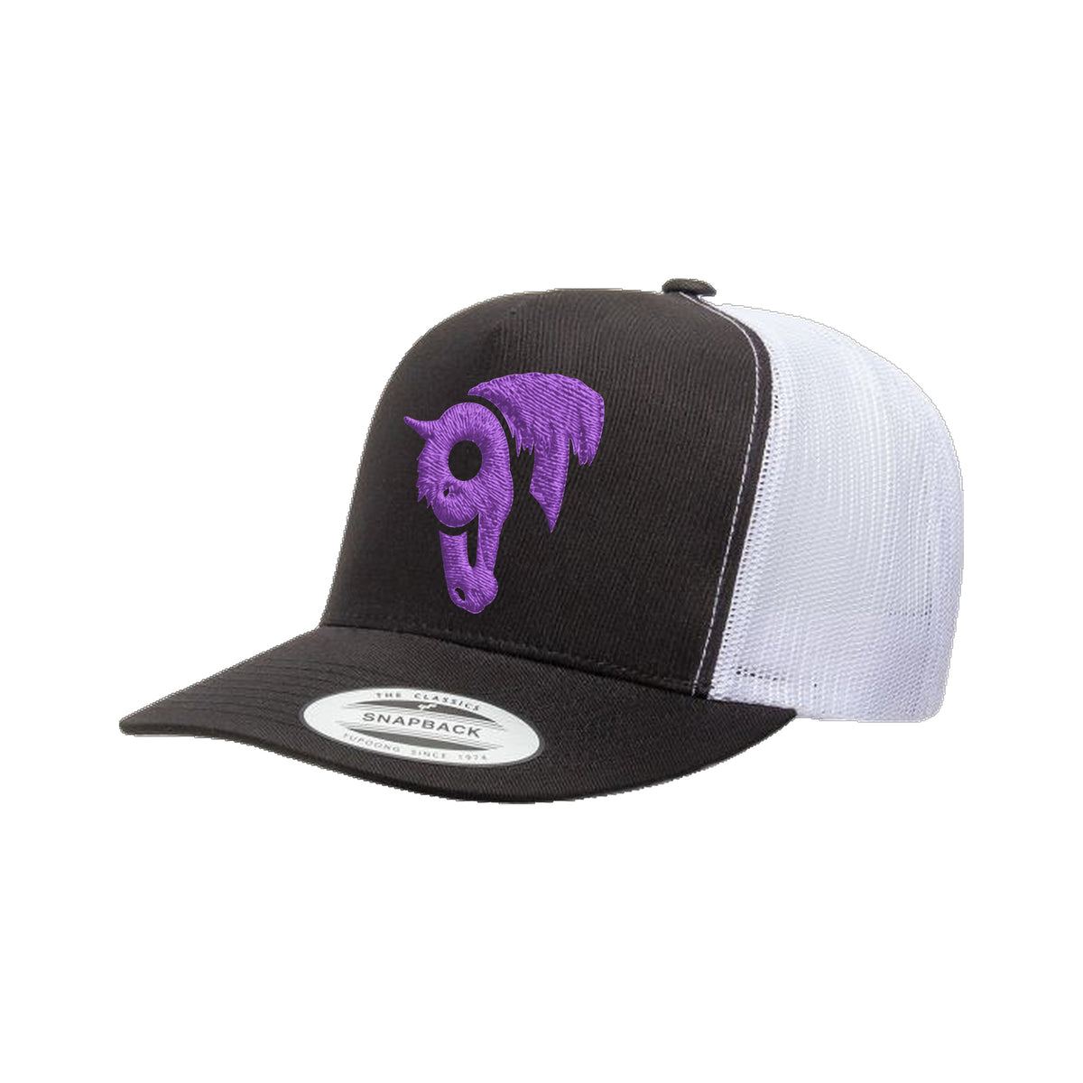 9T Horse Yupoong 6006 Hat / Black/White / Purple / angle on white