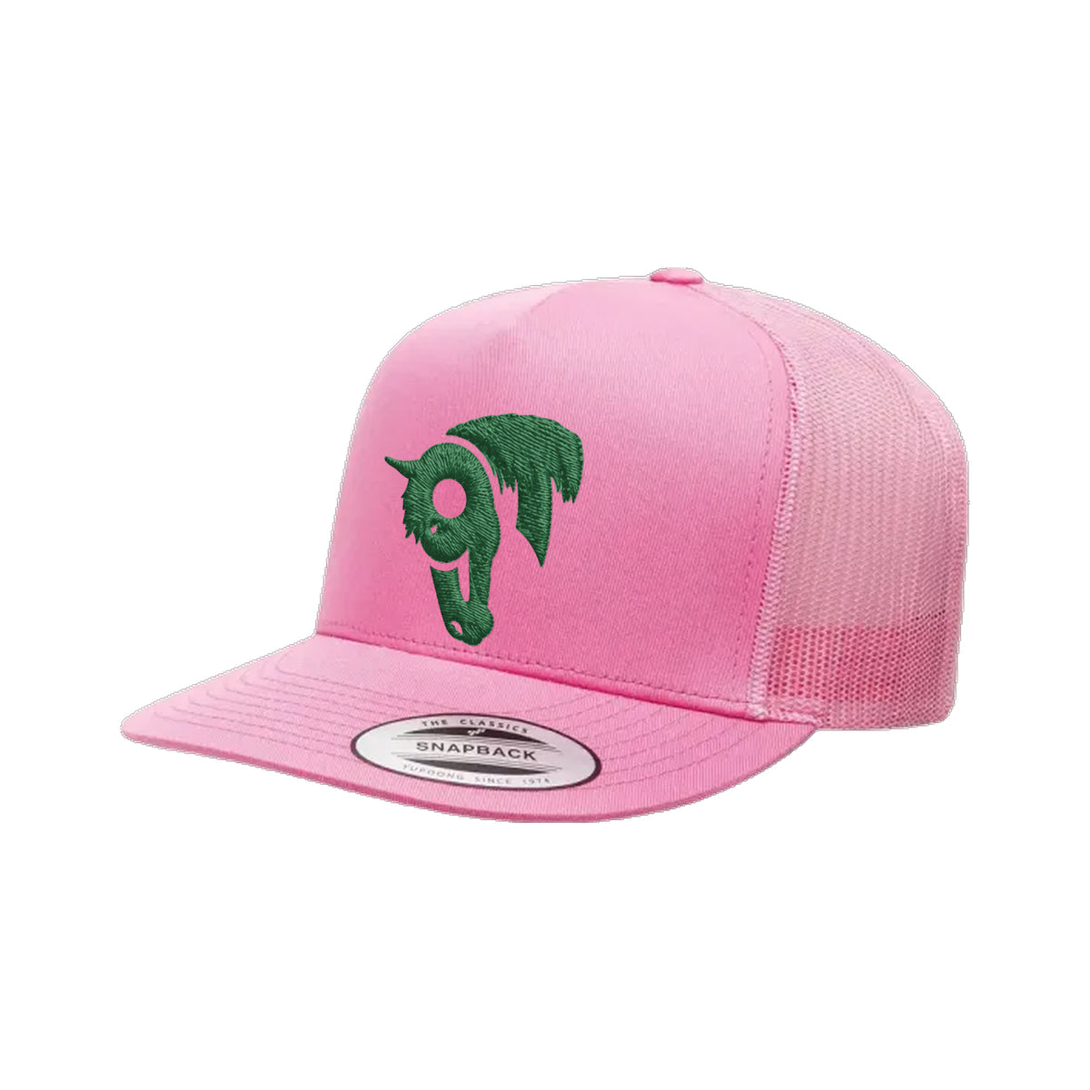9T Horse Yupoong 6006 Hat / Pink / Dark Green / angle on white
