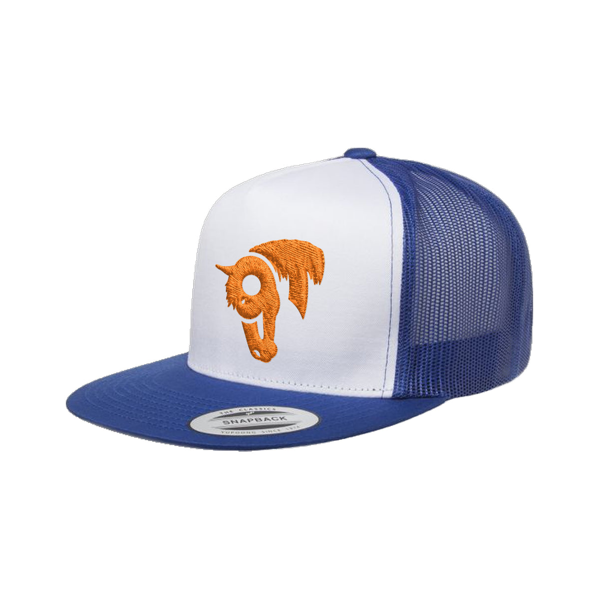9T Horse Yupoong 6006 Hat / Royal/White/Royal / Orange / angle on white