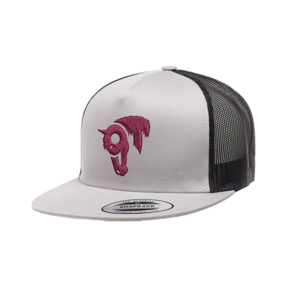 9T Horse Yupoong 6006 Hat / Black/Silver / Maroon / angle on white