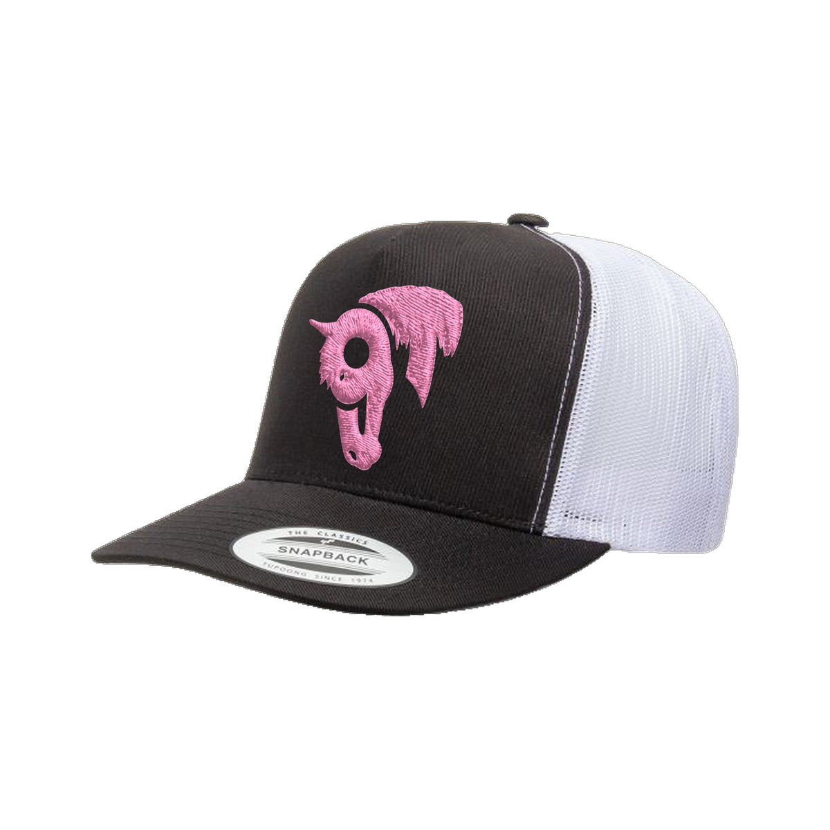 9T Horse Yupoong 6006 Hat / Black/White / Pink / angle on white
