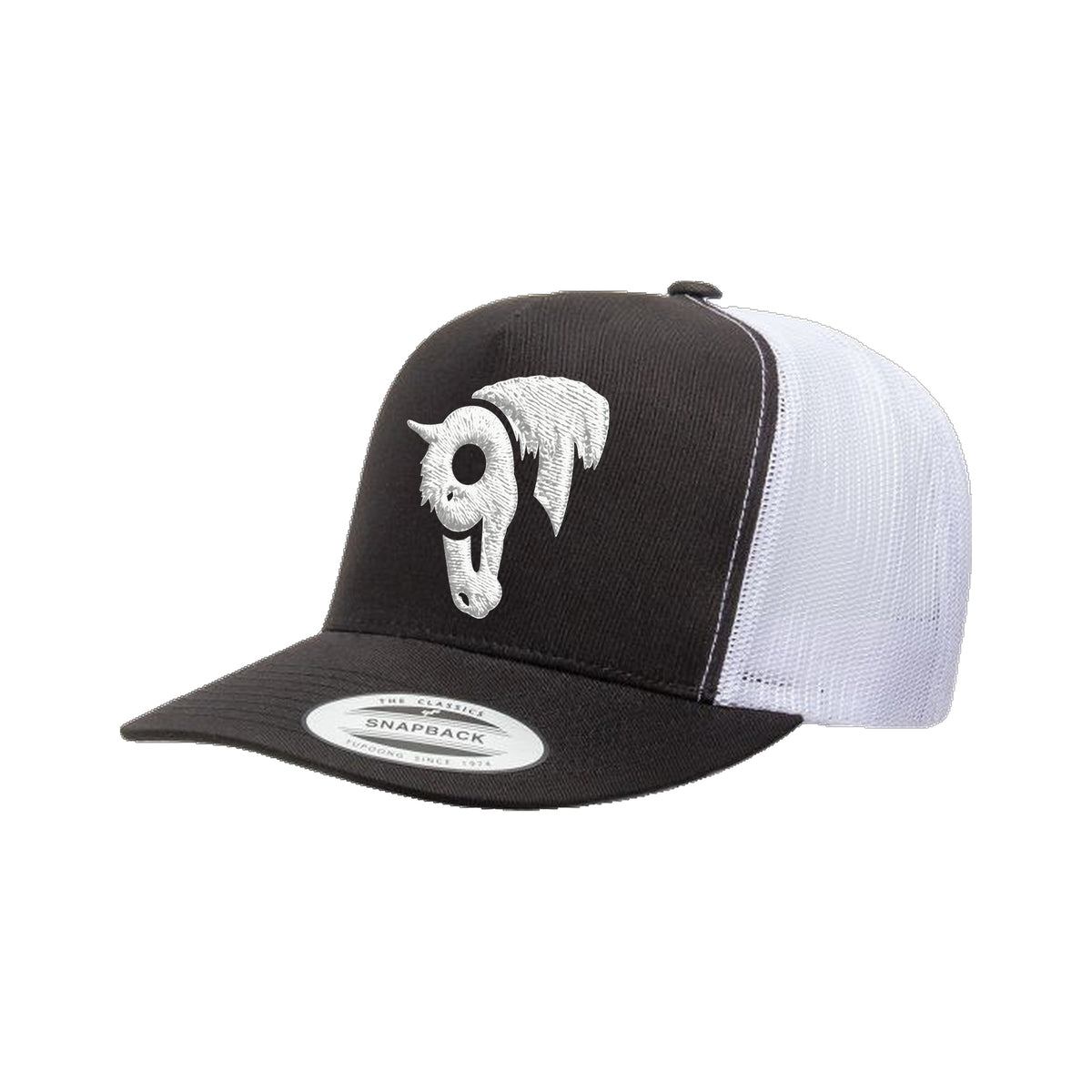 9T Horse Yupoong 6006 Hat / Black/White / White / angle on white