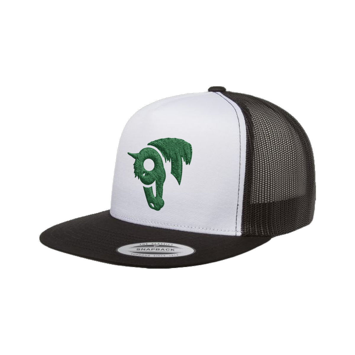 9T Horse Yupoong 6006 Hat / Black/White/Black / Dark Green / angle on white