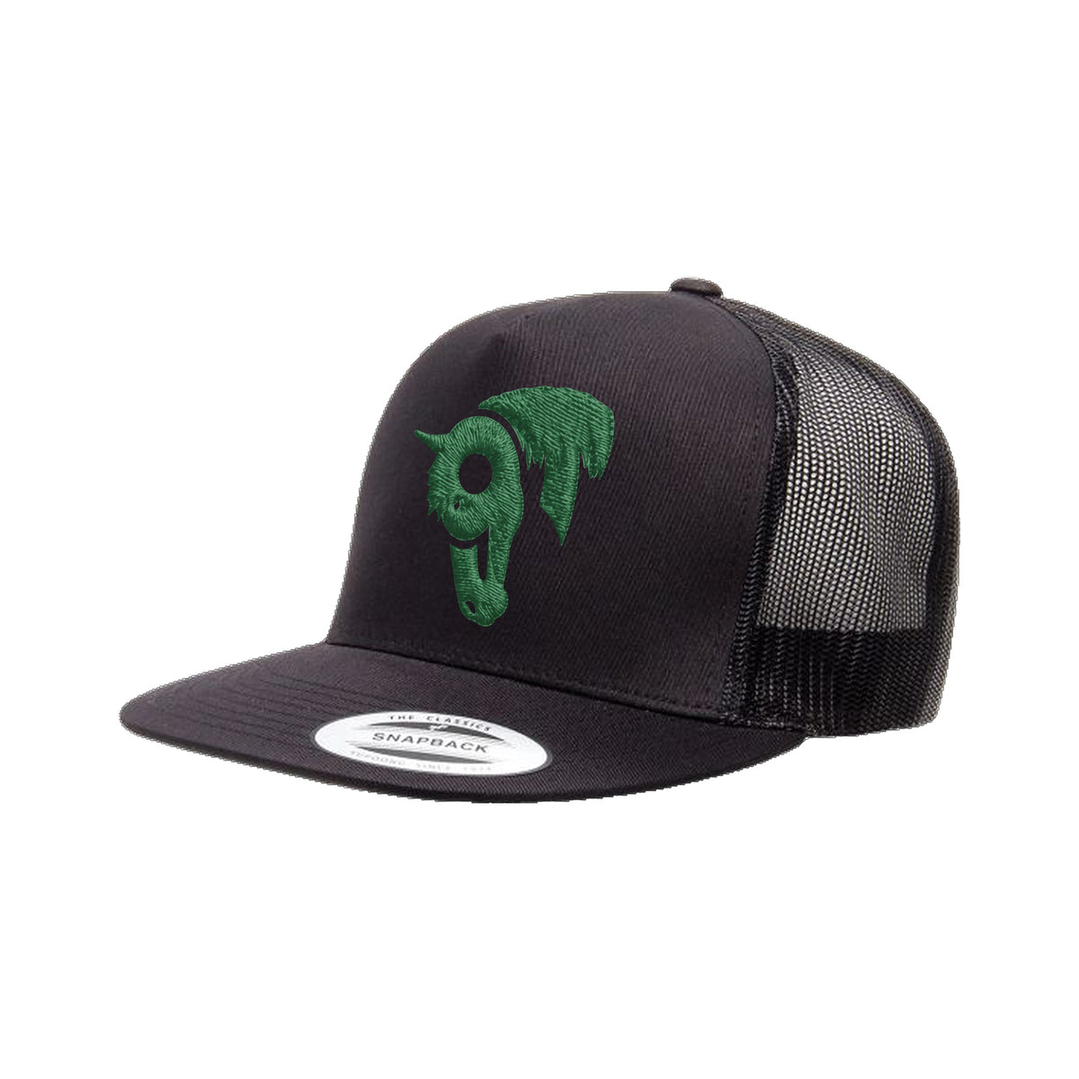 9T Horse Yupoong 6006 Hat / Black / Dark Green / angle on white