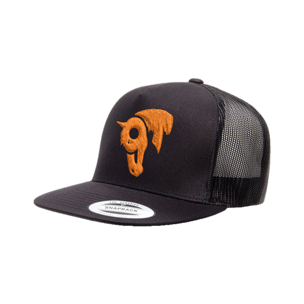 9T Horse Yupoong 6006 Hat / Black / Orange / angle on white
