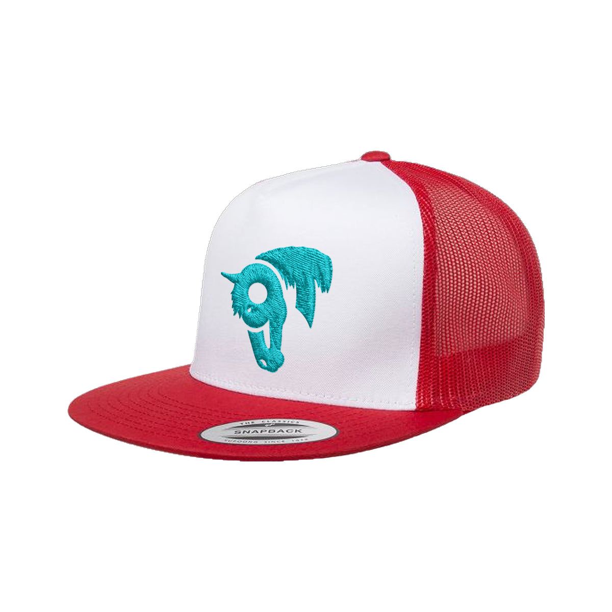 9T Horse Yupoong 6006 Hat / Red/White/Red / Teal / angle on white