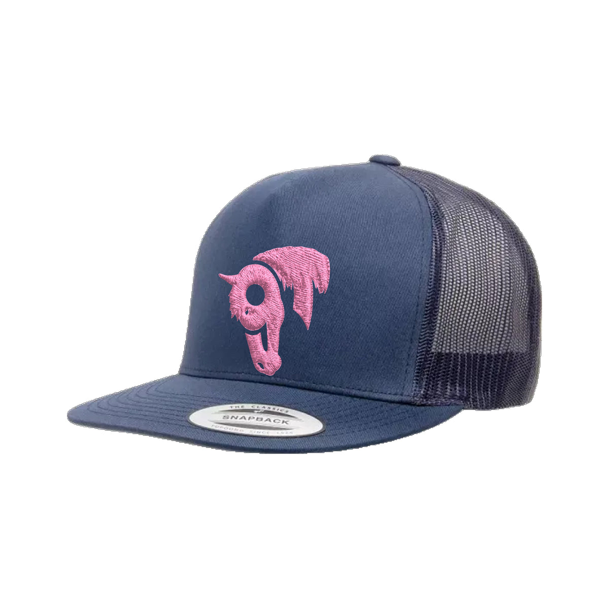 9T Horse Yupoong 6006 Hat / Navy / Pink / angle on white