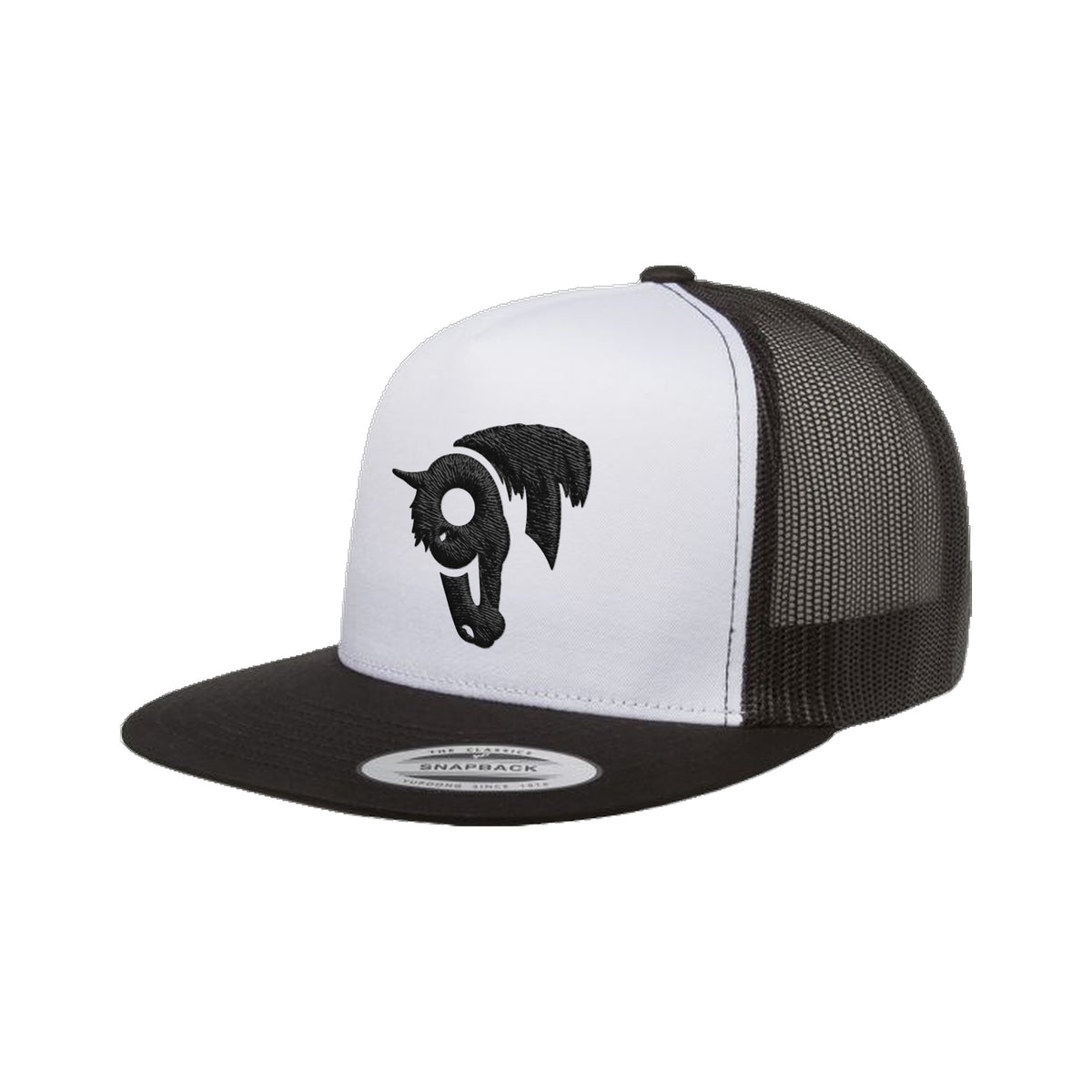 9T Horse Yupoong 6006 Hat / Black/White/Black / Black / angle on white