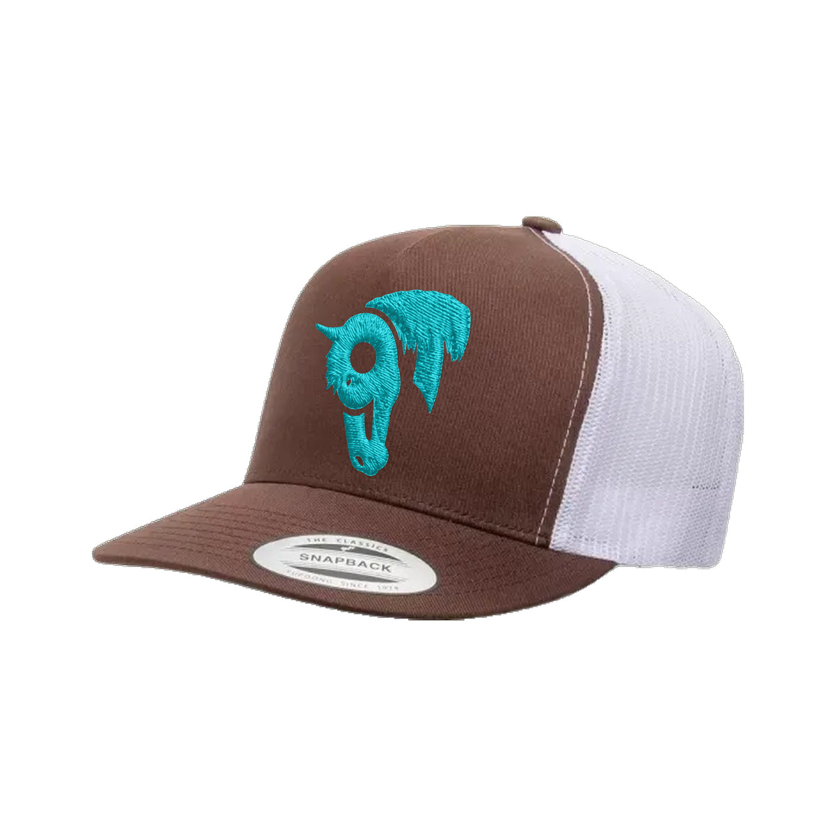 9T Horse Yupoong 6006 Hat / Brown/White / Teal / angle on white