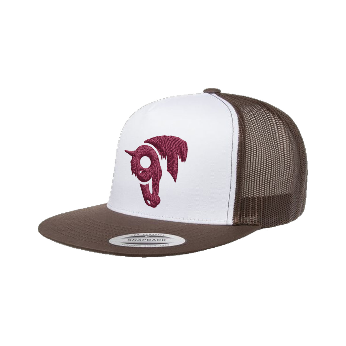 9T Horse Yupoong 6006 Hat / Brown/White/Brown / Maroon / angle on white