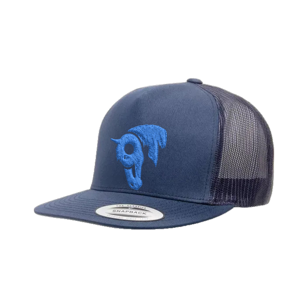 9T Horse Yupoong 6006 Hat / Navy / Blue / angle on white