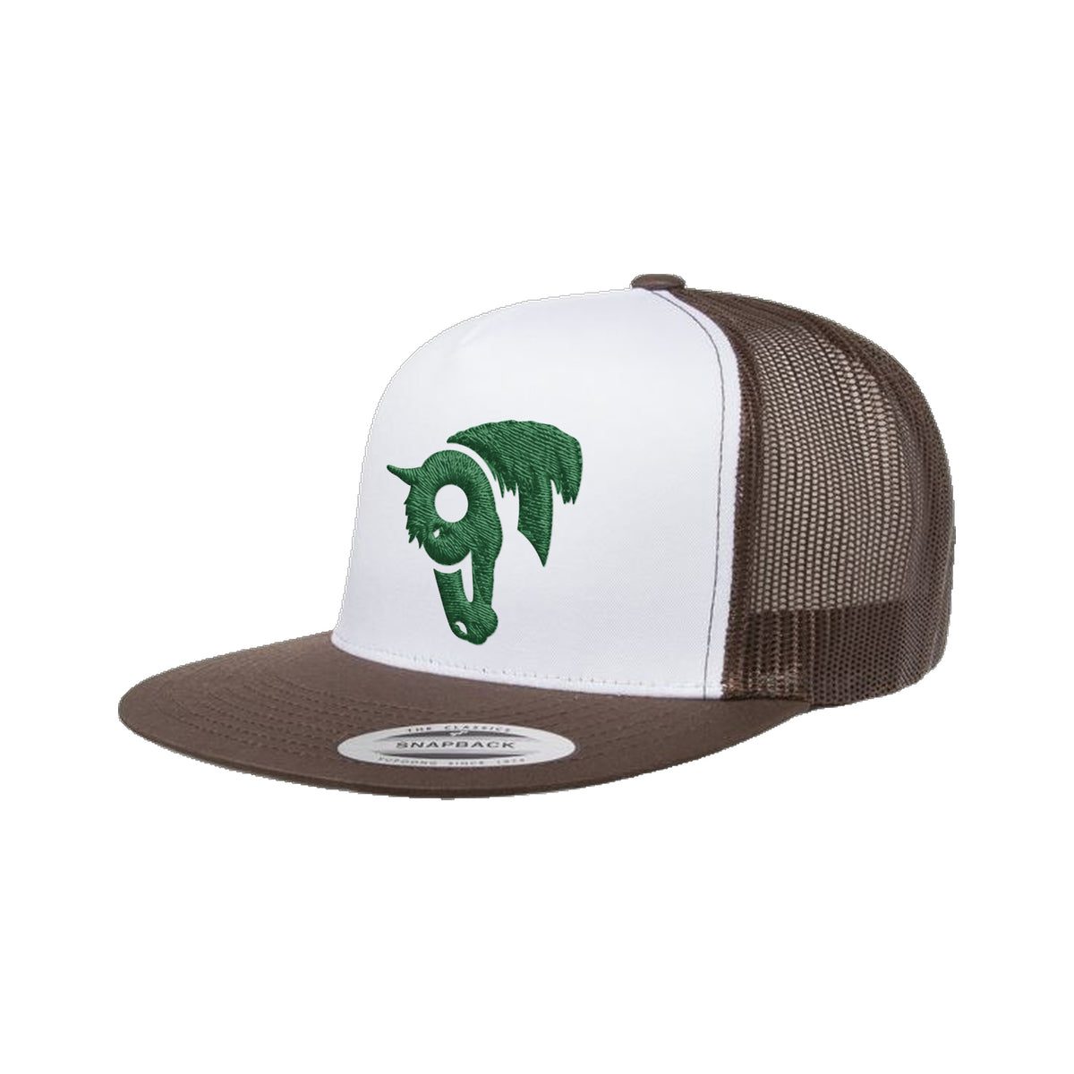 9T Horse Yupoong 6006 Hat / Brown/White/Brown / Dark Green / angle on white