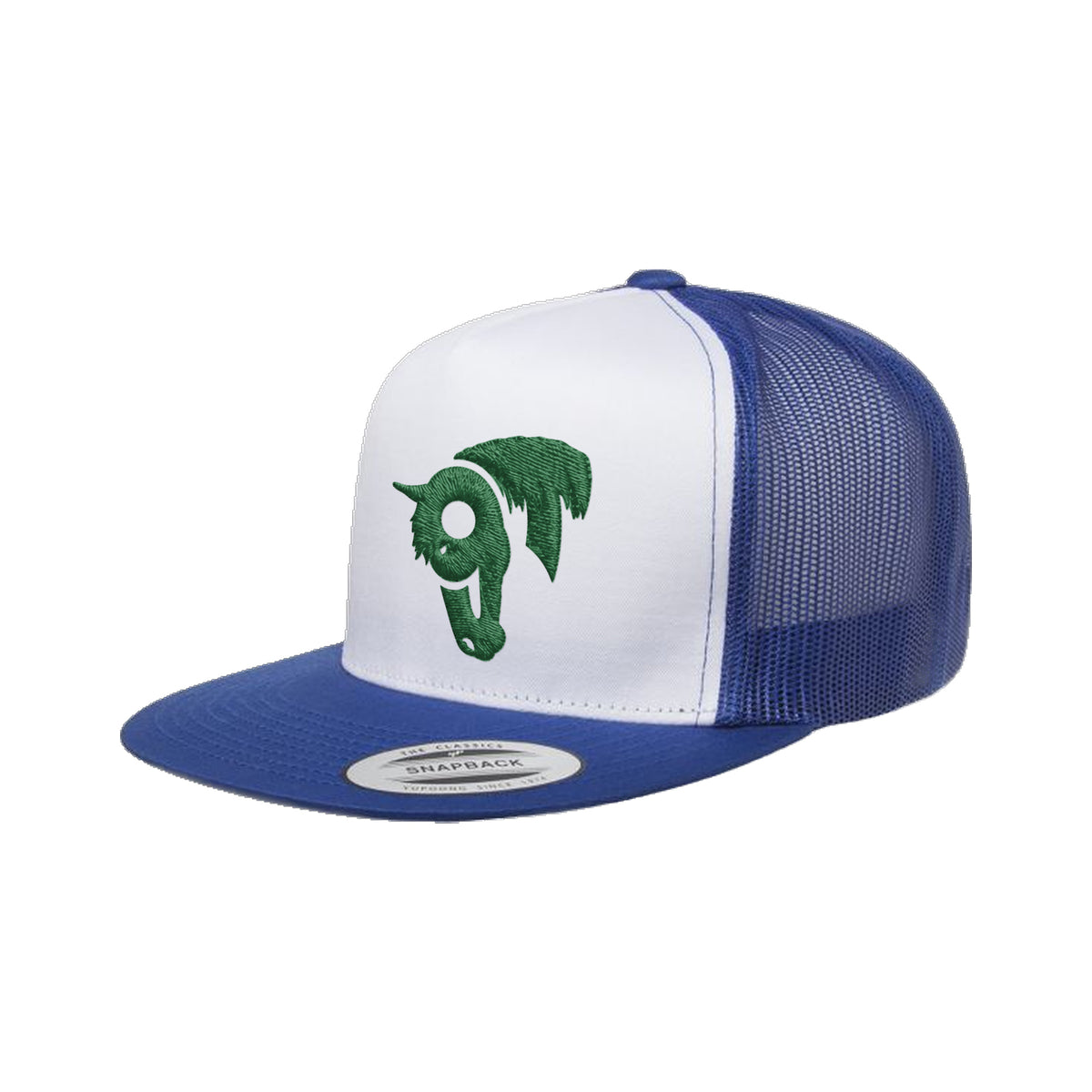 9T Horse Yupoong 6006 Hat / Royal/White/Royal / Dark Green / angle on white