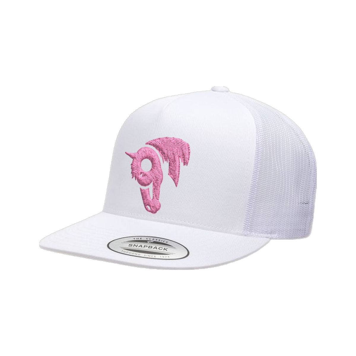 9T Horse Yupoong 6006 Hat / White / Pink / angle on white