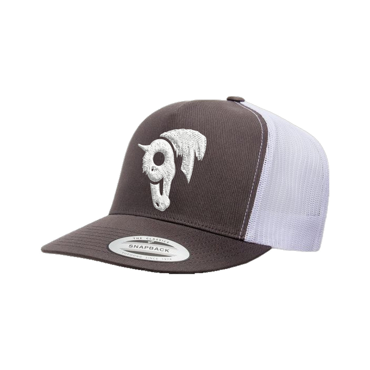 9T Horse Yupoong 6006 Hat / Charcoal/White / White / angle on white