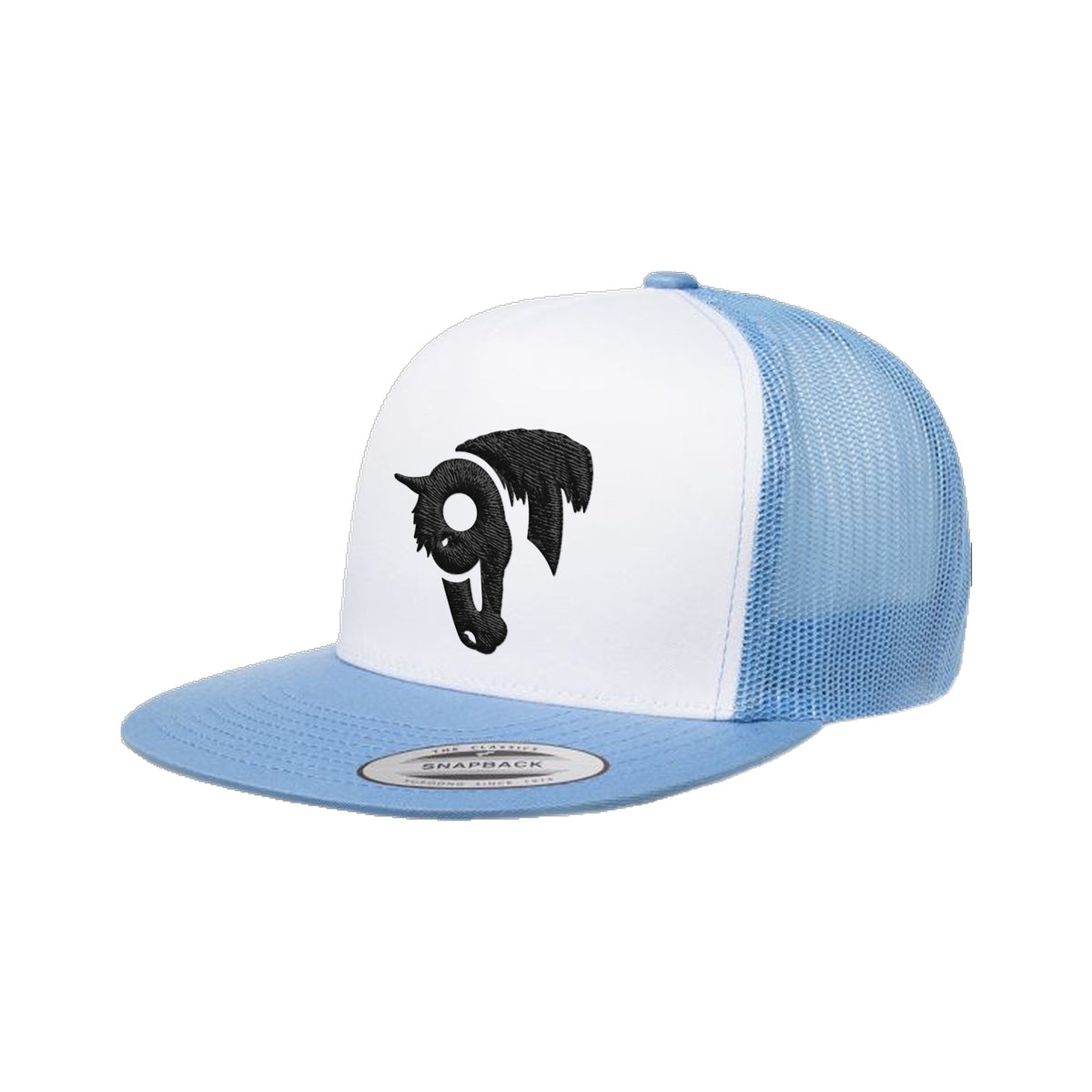 9T Horse Yupoong 6006 Hat / Carolina Blue/White/Carolina Blue / Black / angle on white