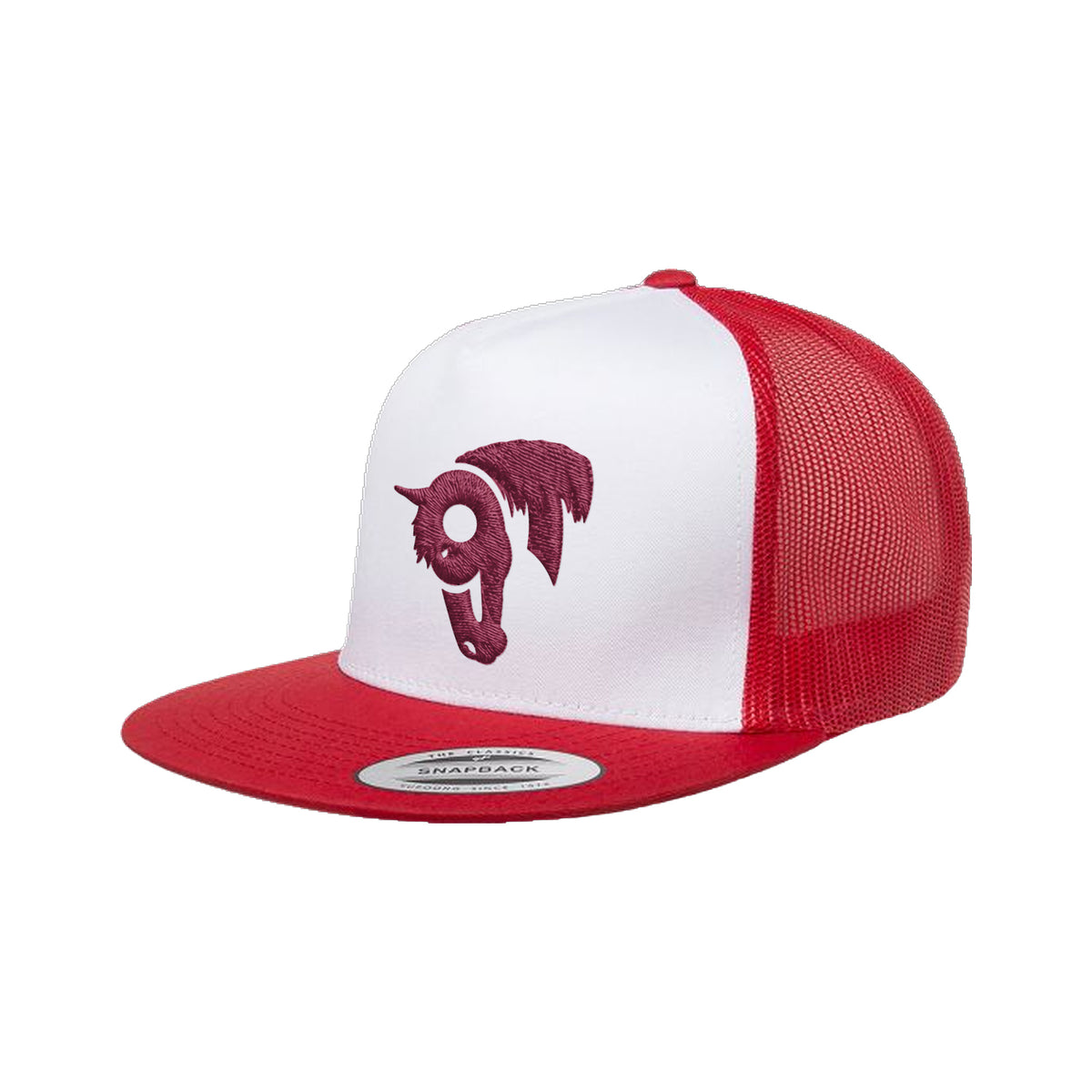 9T Horse Yupoong 6006 Hat / Red/White/Red / Maroon / angle on white