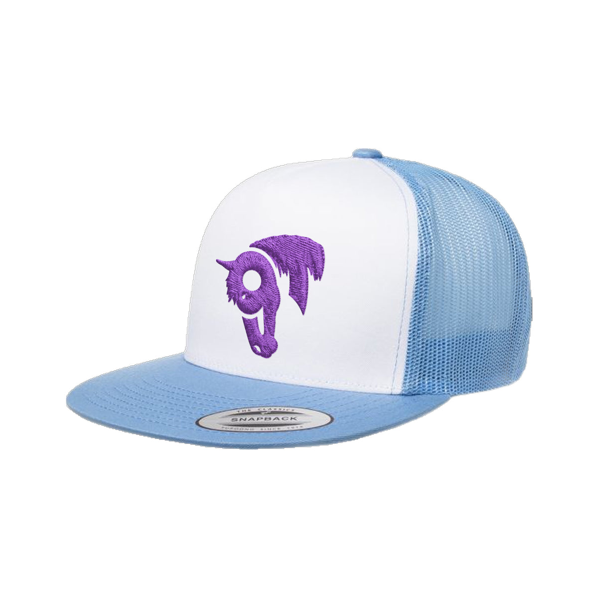 9T Horse Yupoong 6006 Hat / Carolina Blue/White/Carolina Blue / Purple / angle on white