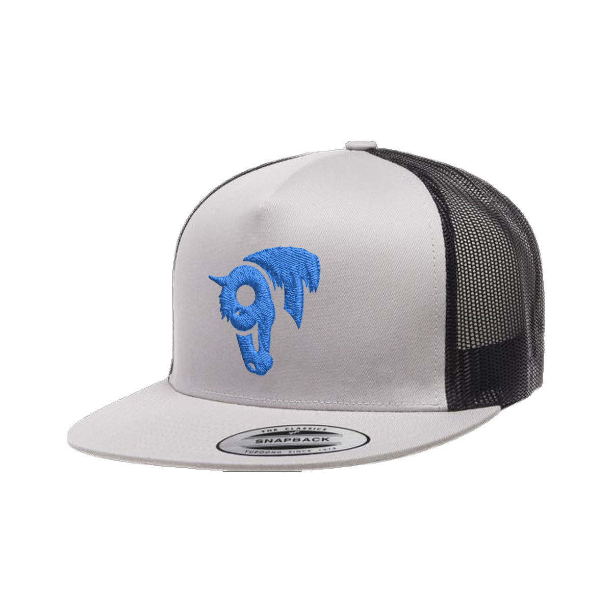 9T Horse Yupoong 6006 Hat / Black/Silver / Blue / angle on white