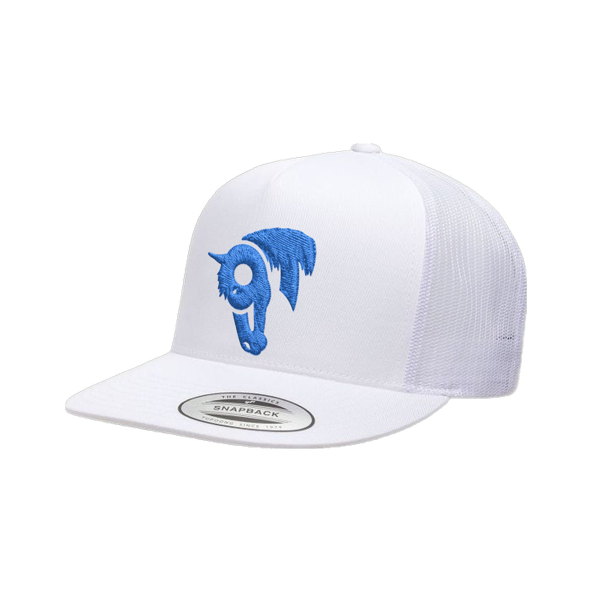 9T Horse Yupoong 6006 Hat / White / Blue / angle on white