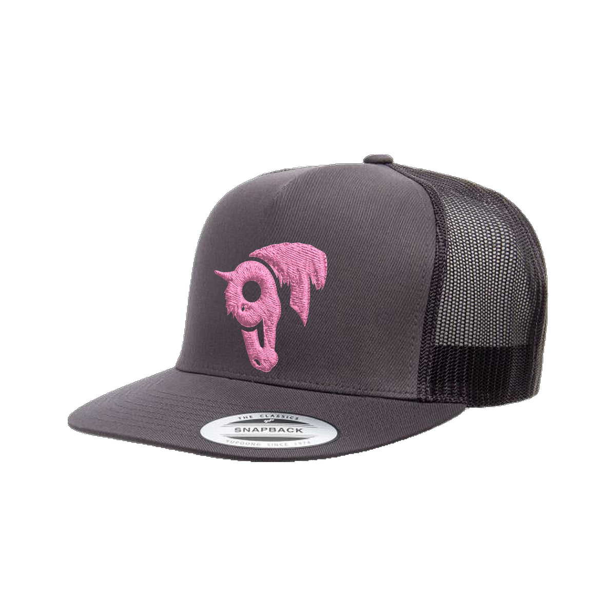 9T Horse Yupoong 6006 Hat / Charcoal / Pink / angle on white