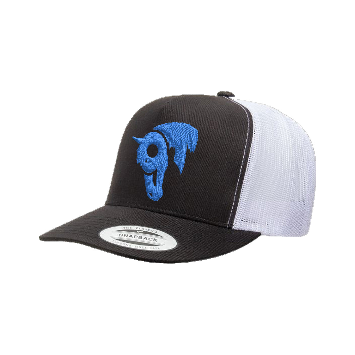 9T Horse Yupoong 6006 Hat / Black/White / Blue / angle on white
