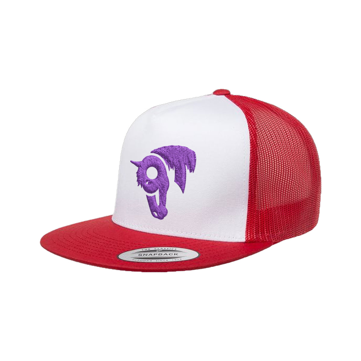 9T Horse Yupoong 6006 Hat / Red/White/Red / Purple / angle on white