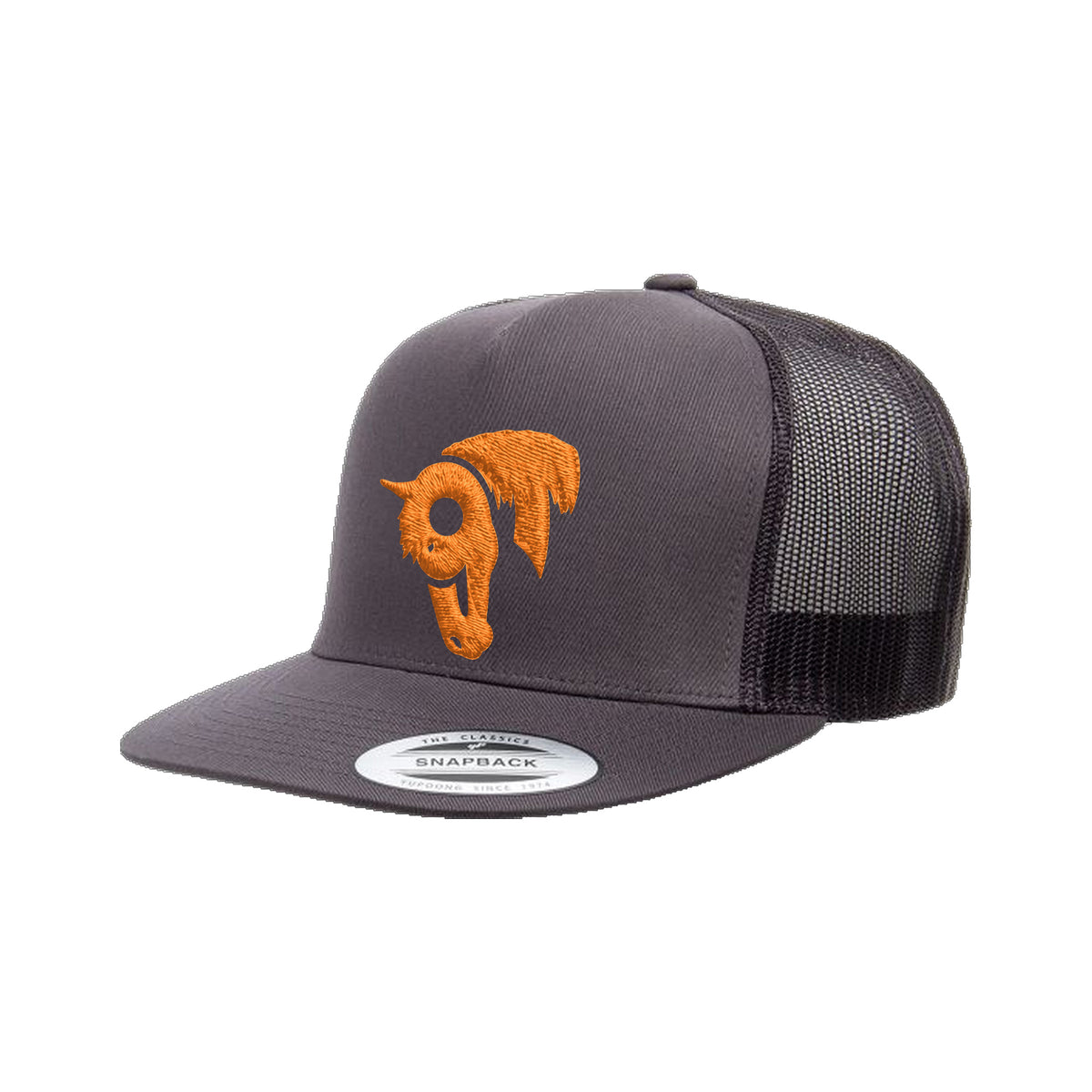 9T Horse Yupoong 6006 Hat / Charcoal / Orange / angle on white