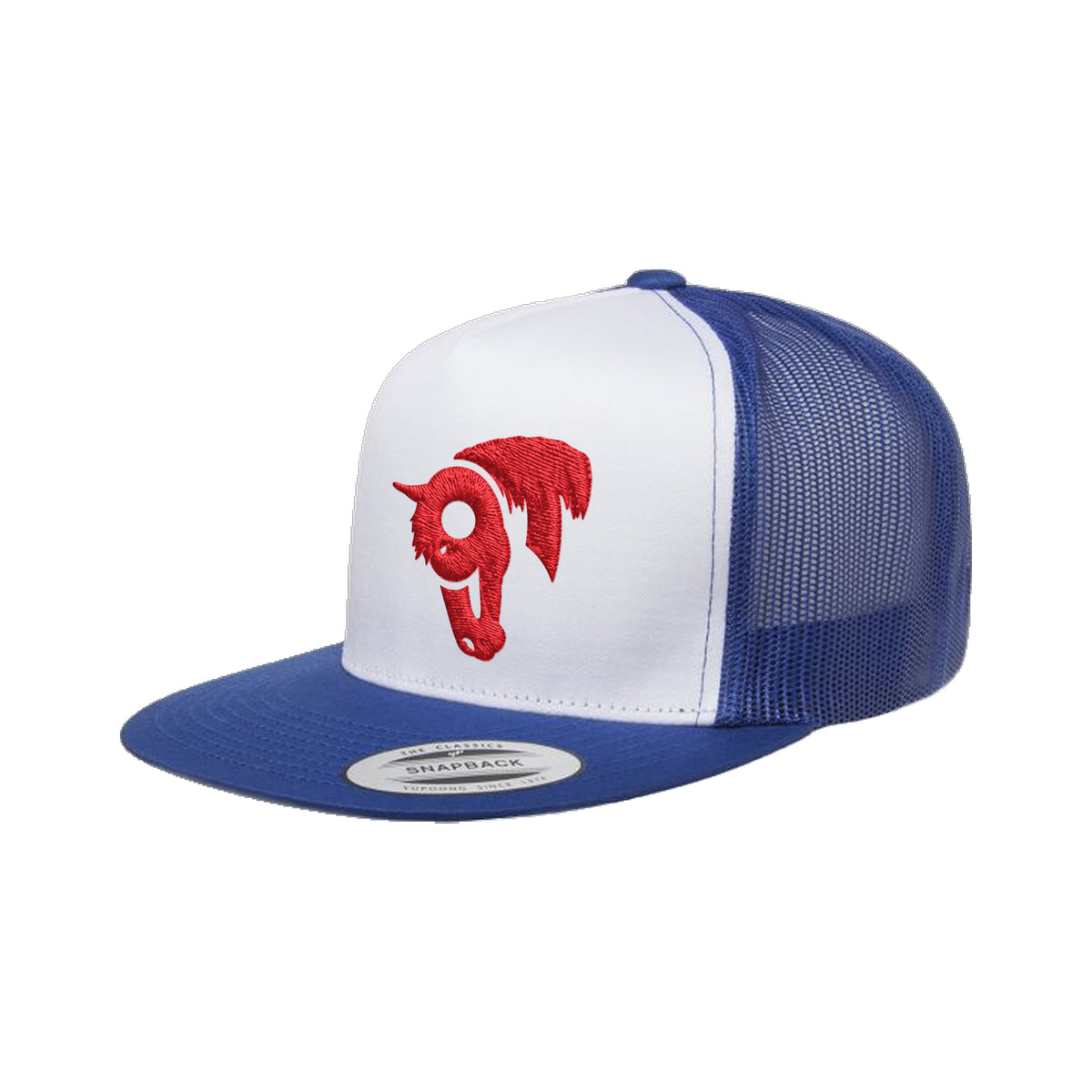 9T Horse Yupoong 6006 Hat / Royal/White/Royal / Red / angle on white