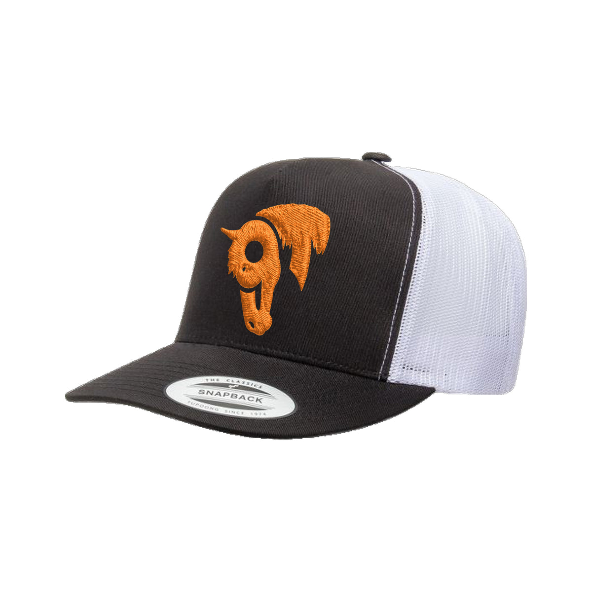 9T Horse Yupoong 6006 Hat / Black/White / Orange / angle on white