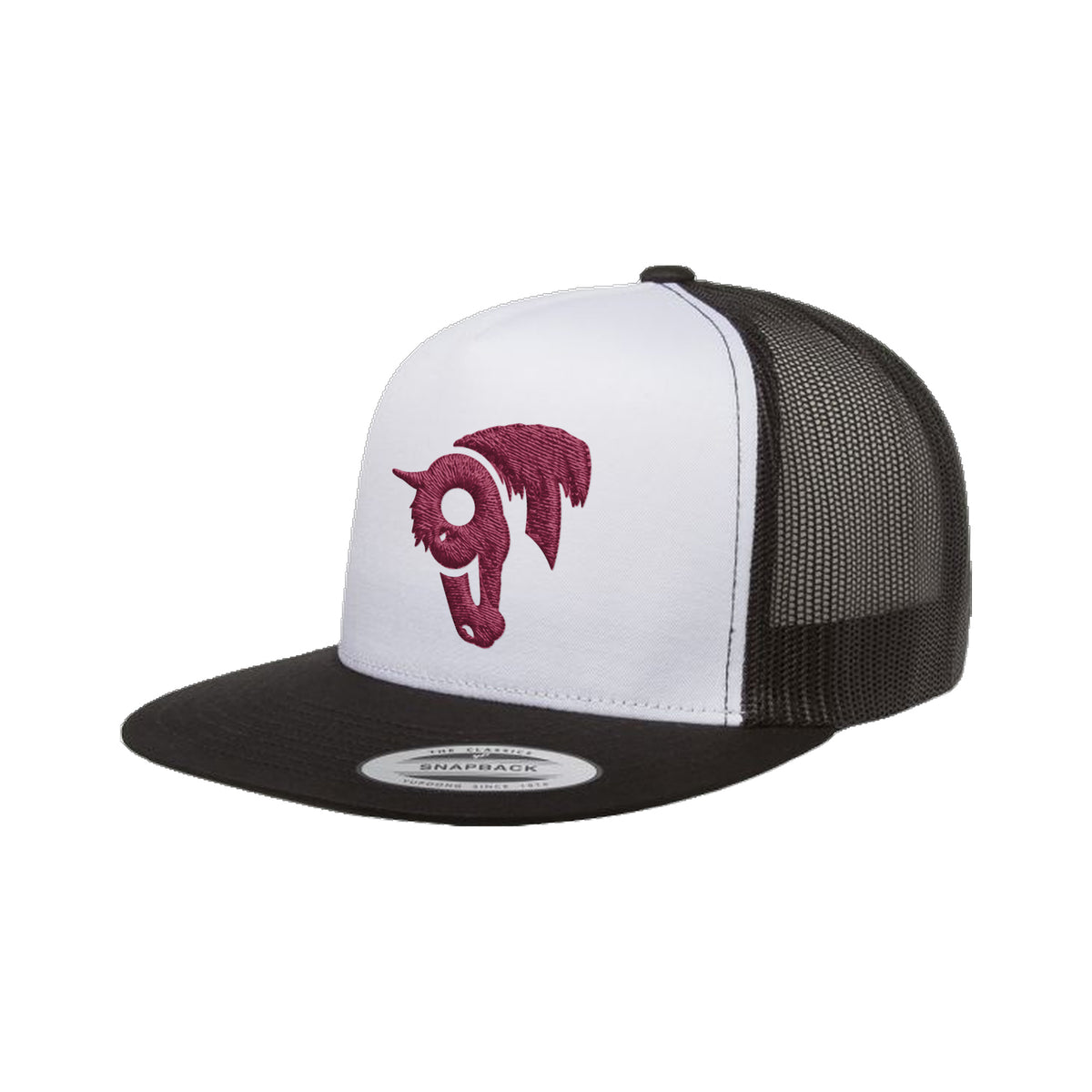 9T Horse Yupoong 6006 Hat / Black/White/Black / Maroon / angle on white