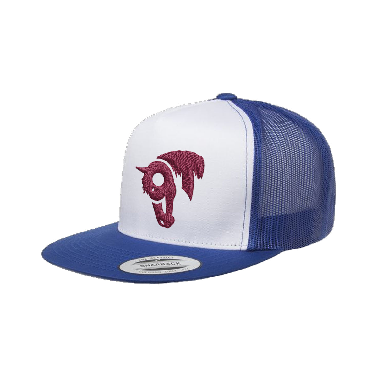 9T Horse Yupoong 6006 Hat / Royal/White/Royal / Maroon / angle on white
