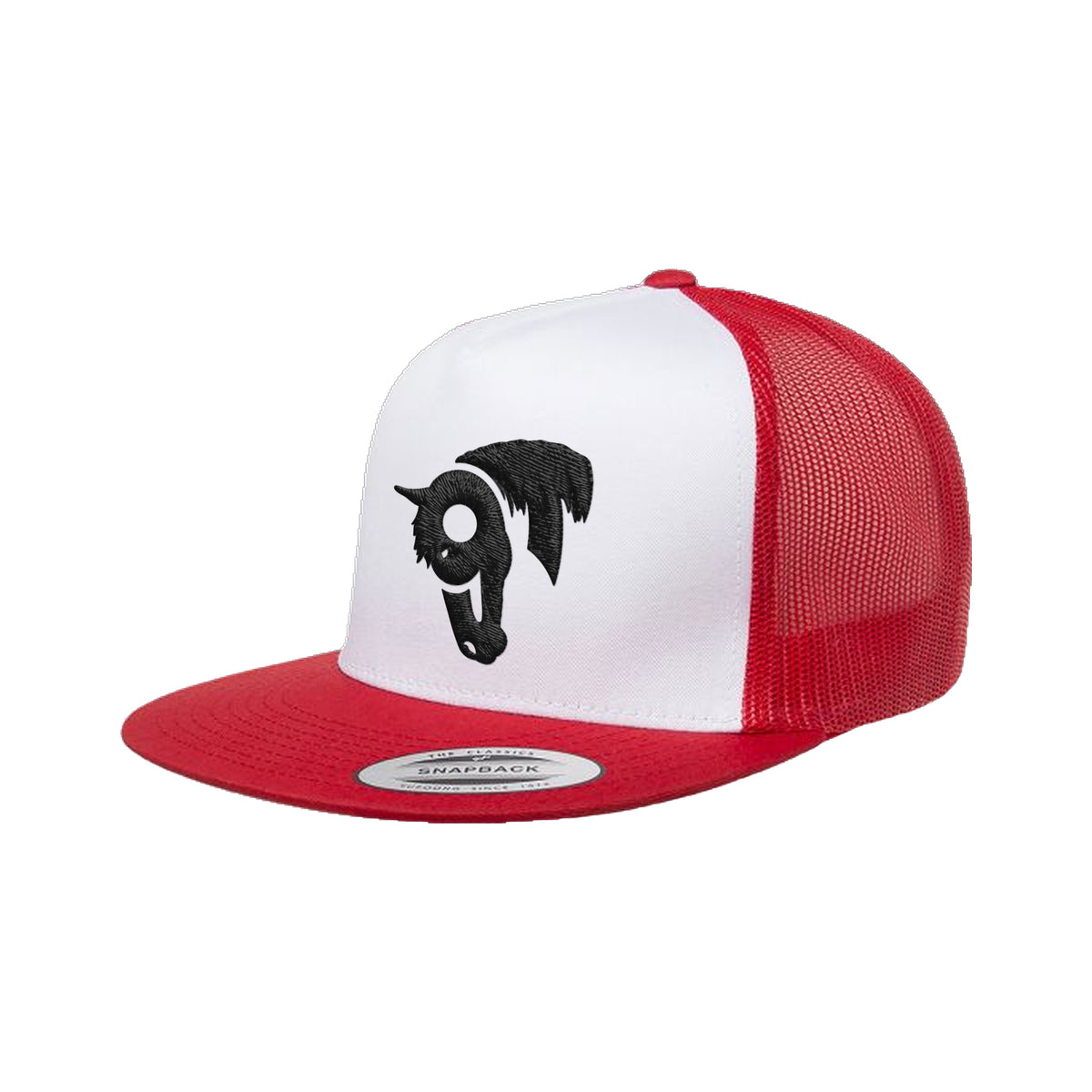 9T Horse Yupoong 6006 Hat / Red/White/Red / Black / angle on white