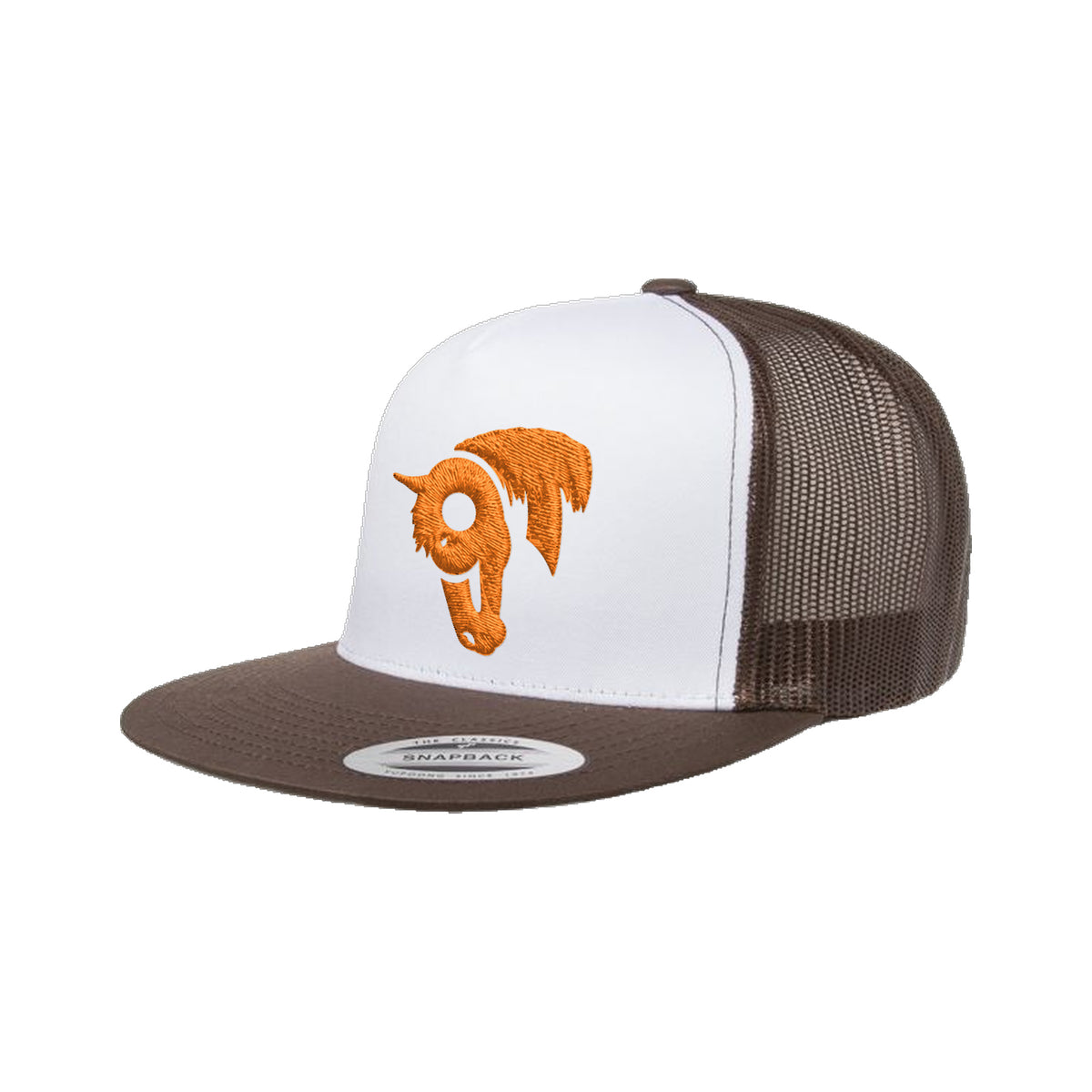 9T Horse Yupoong 6006 Hat / Brown/White/Brown / Orange / angle on white