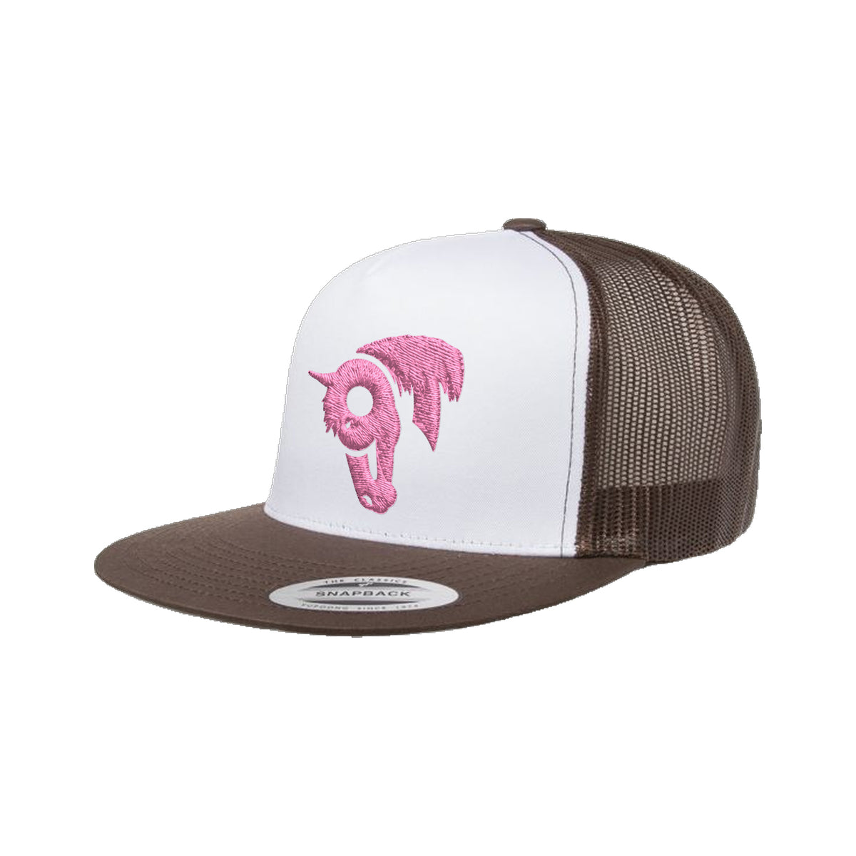 9T Horse Yupoong 6006 Hat / Brown/White/Brown / Pink / angle on white