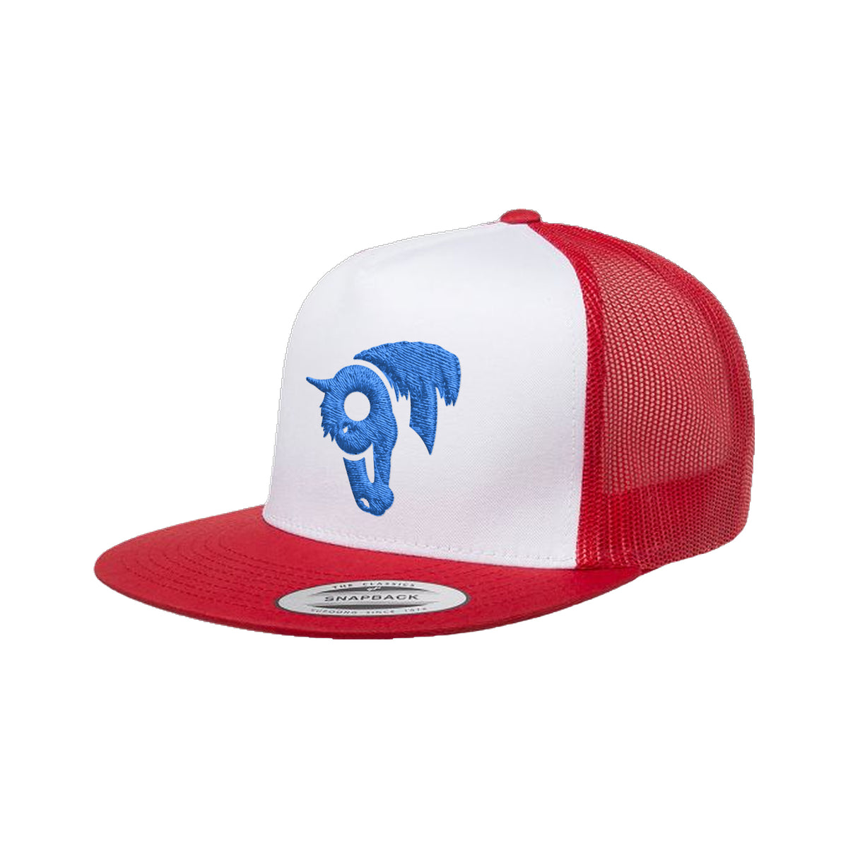 9T Horse Yupoong 6006 Hat / Red/White/Red / Blue / angle on white
