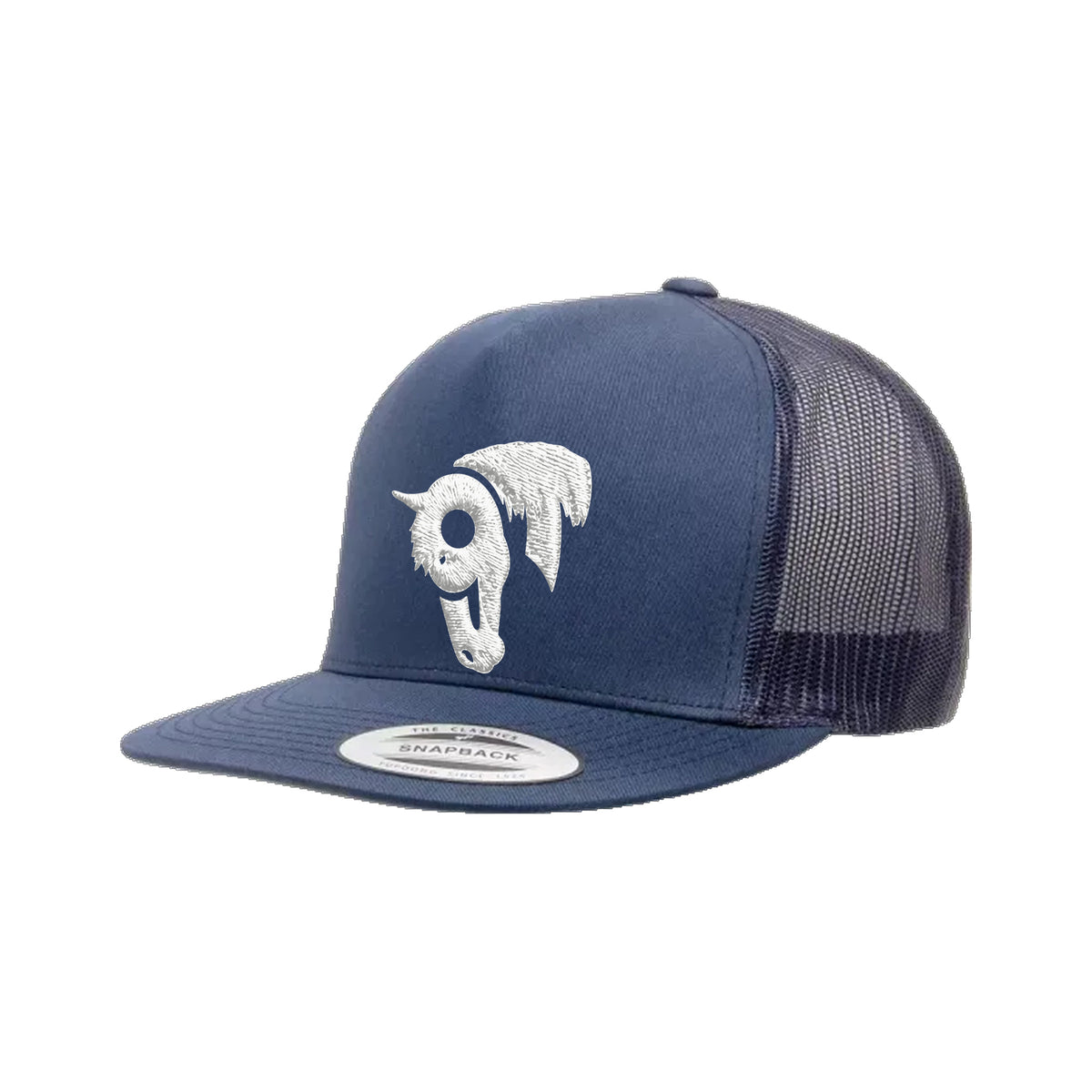 9T Horse Yupoong 6006 Hat / Navy / White / angle on white